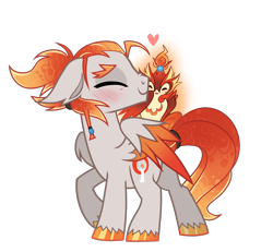 Size: 3395x3141 | Tagged: safe, artist:wicklesmack, oc, oc only, oc:flicker, oc:tallow, species:bird, species:pegasus, species:pony, blushing, colored hooves, eyes closed, happy, heart, nuzzling, simple background, transparent background, unshorn fetlocks, vector