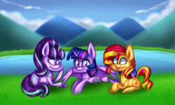 Size: 1280x768 | Tagged: safe, artist:pinipy, character:starlight glimmer, character:sunset shimmer, character:twilight sparkle, character:twilight sparkle (alicorn), species:alicorn, species:pony, species:unicorn, my little pony:equestria girls, derp, mountain, pond, trio