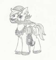 Size: 800x848 | Tagged: safe, artist:sensko, species:earth pony, species:pony, bandana, black and white, corsair, cutlass, ear piercing, earring, eye scar, grappling hook, grayscale, jewelry, monochrome, mouth hold, necklace, pencil drawing, piercing, pirate, saddle, scar, solo, sword, traditional art, weapon