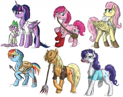 Size: 1431x1130 | Tagged: safe, artist:shimazun, character:applejack, character:fluttershy, character:pinkie pie, character:rainbow dash, character:rarity, character:spike, character:twilight sparkle, character:twilight sparkle (alicorn), species:alicorn, species:pony, alternate hairstyle, backpack, bandage, bruised, brush, clothing, female, hard times, mane seven, mane six, mare, messy mane, mouth hold, ponytail, spear, weapon