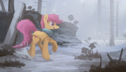 Size: 2768x1567 | Tagged: safe, artist:fuzzyfox11, character:scootaloo, species:pegasus, species:pony, clothing, cutie mark, female, forest, outdoors, scarf, snow, snowfall, solo, the cmc's cutie marks
