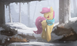 Size: 2665x1601 | Tagged: safe, artist:fuzzyfox11, character:scootaloo, species:pegasus, species:pony, clothing, female, forest, open mouth, scarf, snow, snowfall, solo