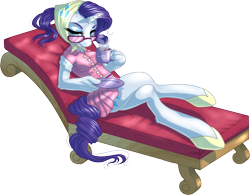 Size: 1587x1238 | Tagged: safe, artist:kittehkatbar, character:rarity, species:anthro, species:pony, species:unguligrade anthro, species:unicorn, camping outfit, clothing, couch, female, food, glasses, glasses rarity, hooves, raritea, simple background, solo, sunglasses, tea, transparent background