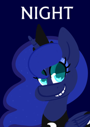 Size: 3507x4960 | Tagged: safe, artist:pinipy, character:princess luna, female, grin, heart eyes, looking at you, night, one word, poster, smiling, solo, wingding eyes