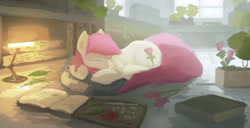 Size: 2575x1321 | Tagged: safe, artist:fuzzyfox11, character:roseluck, book, dust motes, female, fireplace, flower, prone, rose, sleeping, solo