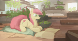 Size: 2610x1376 | Tagged: safe, artist:fuzzyfox11, character:roseluck, book, female, fluffy, gardening, lineless, plant, solo