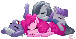 Size: 900x460 | Tagged: safe, artist:emberfan11, character:limestone pie, character:marble pie, character:maud pie, character:pinkie pie, species:earth pony, species:pony, clothing, cuddle puddle, cuddling, cute, diapinkes, eyes closed, female, hair over one eye, leaning, limabetes, marblebetes, mare, maudabetes, open mouth, pie pile, pie sisters, pony pile, prone, simple background, sleeping, smiling, transparent background