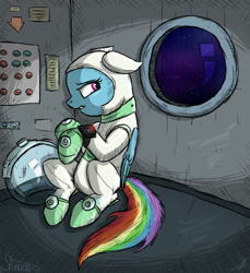 Size: 550x600 | Tagged: safe, artist:shimazun, character:rainbow dash, astrodash, astronaut, clothing, female, lost, solo, space, space suit, worried