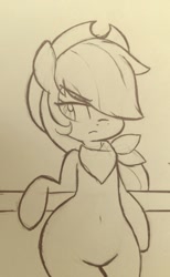 Size: 788x1280 | Tagged: safe, artist:hidden-cat, character:applejack, bandana, belly button, female, hair over one eye, serious face, sketch, solo, traditional art