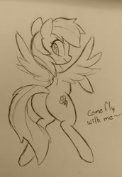 Size: 881x1280 | Tagged: safe, artist:hidden-cat, character:rainbow dash, female, flying, looking back, plot, sketch, solo, traditional art