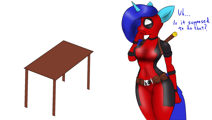 Size: 900x508 | Tagged: safe, artist:tunderi, oc, oc only, oc:tess, species:anthro, animated, clothing, costume, deadpool, skintight clothes, solo