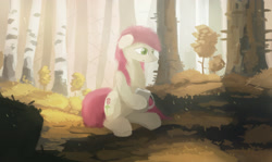 Size: 2562x1528 | Tagged: safe, artist:fuzzyfox11, character:roseluck, coffee, female, food, forest, sitting, solo