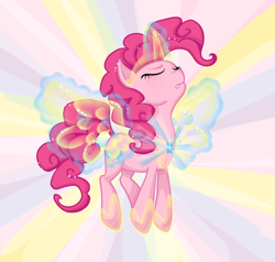 Size: 1000x950 | Tagged: safe, artist:otterlore, character:pinkie pie, species:alicorn, species:pony, alicornified, apotheosis, ascension, element of laughter, magic, pinkiecorn, race swap, royal, royalty, solo, transformation, xk-class end-of-the-world scenario
