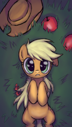Size: 720x1280 | Tagged: safe, artist:inowiseei, character:applejack, apple, female, food, loose hair, on back, solo
