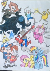 Size: 1712x2439 | Tagged: safe, artist:inowiseei, character:fluttershy, character:rainbow dash, adventure time, crossover, dipper pines, finn the human, gravity falls, jake the dog, mabel pines, marceline, princess bubblegum