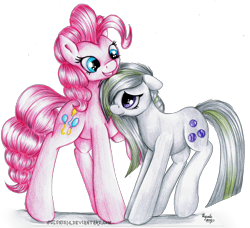 Size: 2745x2504 | Tagged: safe, artist:julunis14, character:marble pie, character:pinkie pie, colored pencil drawing, gift art, hug, pie sisters, pie twins, signature, sisters, traditional art, twins