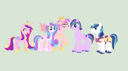 Size: 1584x882 | Tagged: safe, artist:obeliskgirljohanny, character:princess cadance, character:princess flurry heart, character:princess skyla, character:shining armor, oc, oc:radiant shield, parent:princess cadance, parent:shining armor, parents:shiningcadance, ship:shiningcadance, spoiler:s06, crystal sisters, family, female, husband and wife, male, next generation, offspring, older, shipping, siblings, sisters, straight, what if