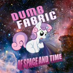 Size: 900x900 | Tagged: safe, artist:ajin, edit, character:sweetie belle, species:pony, species:unicorn, dumb fabric, female, filly, open mouth, solo, space, spacetime