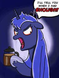 Size: 2512x3320 | Tagged: safe, artist:saburodaimando, character:princess luna, bobby hill, caffeine, coffee, female, food, hyperactive, insanity, king of the hill, luna found the coffee, luna loves coffee, solo, this will end in tears