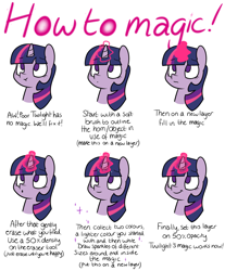 Size: 1280x1543 | Tagged: safe, artist:estrill, character:twilight sparkle, :o, :t, cute, female, frown, glowing horn, how to draw, magic, magic aura, portrait, simple background, smiling, solo, tutorial, twiabetes, white background