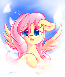 Size: 1024x1212 | Tagged: safe, artist:freeedon, character:fluttershy, species:pegasus, species:pony, cloud, crying, female, floppy ears, flying, joy, looking at you, mare, open mouth, raised hoof, sky, smiling, solo, spread wings, story in the source, stray strand, tears of joy, teary eyes, wings