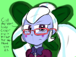 Size: 1024x768 | Tagged: safe, artist:mildockart, character:sugarcoat, equestria girls:friendship games, g4, my little pony: equestria girls, my little pony:equestria girls, blushing, bow tie, clothing, clover, crystal prep academy uniform, cute, dialogue, female, four leaf clover, glasses, looking at you, saint patrick's day, school uniform, solo, tsundere, tsunderecoat
