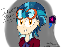 Size: 1024x768 | Tagged: safe, artist:mildockart, character:indigo zap, equestria girls:friendship games, g4, my little pony: equestria girls, my little pony:equestria girls, cute, cutie mark, female, goggles, grin, looking at you, name, signature, solo, zapabetes