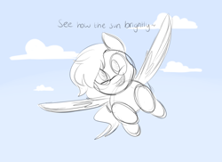 Size: 1280x931 | Tagged: safe, artist:estrill, oc, oc only, oc:nooby, species:pegasus, species:pony, cloud, flying, monochrome, open mouth, solo, song reference