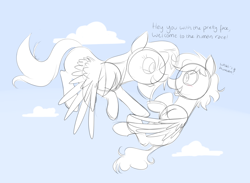 Size: 1280x939 | Tagged: safe, artist:estrill, oc, oc only, oc:nooby, flying, monochrome, solo, song reference
