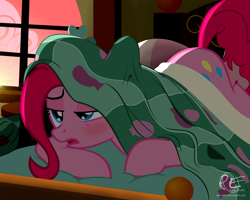 Size: 2000x1600 | Tagged: safe, artist:ponyecho, part of a set, character:pinkie pie, species:pony, bed, bed mane, bedroom, blushing, cute, diapinkes, female, frown, mare, messy mane, morning, morning ponies, open mouth, ponyecho is trying to murder us, prone, show accurate, sleepy, solo, sunrise