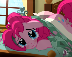 Size: 2000x1600 | Tagged: safe, artist:ponyecho, part of a set, character:pinkie pie, species:earth pony, species:pony, bed hair, bedroom, bedroom eyes, blushing, cute, diapinkes, female, floppy ears, looking at you, mare, messy mane, morning ponies, ponyecho is trying to murder us, show accurate, smiling, solo