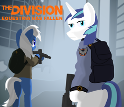 Size: 983x855 | Tagged: safe, artist:totallynotabronyfim, character:shining armor, oc, oc:selena moon, backpack, clothing, gun, jacket, m4, the division, weapon