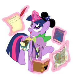 Size: 1600x1688 | Tagged: safe, artist:lostinthetrees, character:spike, character:twilight sparkle, character:twilight sparkle (alicorn), species:alicorn, species:dragon, species:pony, baby, baby carrier, baby dragon, book, checklist, clothing, crossover, cute, cutie mark, disney, disneyland, drool, duo, feather, female, glowing horn, hat, hnnng, horn, levitation, logo, looking up, magic, male, mama twilight, map, mare, mickey hat, quill, raised hoof, saddle bag, sleeping, spikabetes, spikelove, strap, telekinesis, twiabetes