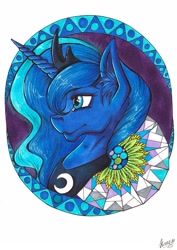 Size: 1525x2160 | Tagged: safe, artist:stirren, character:princess luna, bust, female, for sale, geometry, goddess, portrait, solo, traditional art