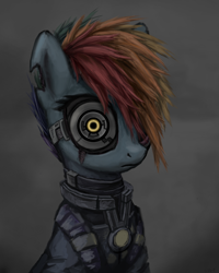 Size: 4152x5190 | Tagged: safe, artist:inowiseei, character:rainbow dash, absurd resolution, alternate timeline, apocalypse dash, creepy, crystal war timeline, cyborg, female, i never asked for this, solo