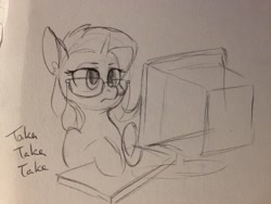 Size: 1600x1200 | Tagged: safe, artist:whale, character:trixie, species:pony, species:unicorn, computer, descriptive noise, female, glasses, keyboard, mare, meme, monitor, monochrome, solo, traditional art, typing