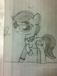 Size: 720x960 | Tagged: source needed, safe, artist:thefanficfanpony, character:cloudy quartz, species:earth pony, species:pony, adoraquartz, bracelet, cute, glasses, grayscale, lined paper, monochrome, solo, traditional art, younger