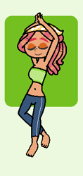 Size: 195x412 | Tagged: safe, artist:obeliskgirljohanny, character:tree hugger, species:human, episode:on your marks, g4, my little pony: friendship is magic, bandana, belly button, eyes closed, female, humanized, midriff, modeling, pose, solo, tube top, yoga pants