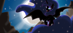 Size: 1538x697 | Tagged: safe, artist:lunarcakez, character:nightmare moon, character:princess luna, crepuscular rays, fangs, female, looking at you, missing accessory, moon, plot, solo
