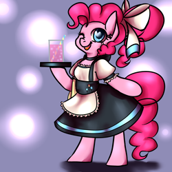 Size: 2300x2300 | Tagged: safe, artist:whale, character:pinkie pie, species:pony, alternate hairstyle, bipedal, bow, clothing, cup, female, hair bow, heart eyes, maid, nose wrinkle, one eye closed, open mouth, ponytail, scrunchie, semi-anthro, smiling, soda, solo, straw, towel, tray, waitress, wingding eyes, wink