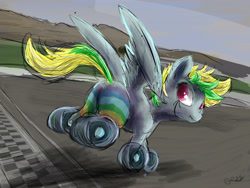 Size: 4407x3322 | Tagged: safe, artist:owlvortex, oc, oc only, oc:wheely bopper, bucking, looking at you, original species, plot, road, spread wings, wheelpone, wings