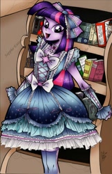 Size: 1024x1582 | Tagged: safe, artist:ponygoddess, part of a set, character:twilight sparkle, my little pony:equestria girls, beautiful, bow, clothing, cute, digital colours, dress, female, frills, hair bow, happy, lolita fashion, reflective, ribbon, smiling, solo, stockings, sweet lolita