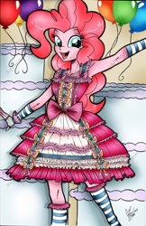 Size: 1024x1582 | Tagged: safe, artist:ponygoddess, part of a set, character:pinkie pie, my little pony:equestria girls, armpits, beautiful, bow, clothing, cute, digital colours, dress, female, frills, gloves, happy, lolita fashion, party, reflective, ribbon, smiling, solo, stockings, sweet lolita