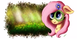 Size: 4000x2009 | Tagged: safe, artist:freeedon, character:fluttershy, species:pony, alternate timeline, bust, chrysalis resistance timeline, face paint, female, floppy ears, flower, flower in hair, heart necklace, mare, necklace, open mouth, smiling, solo, three quarter view, tribalshy