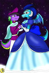 Size: 1181x1748 | Tagged: safe, artist:odiz, character:princess ember, character:spike, species:anthro, species:dragon, breasts, busty princess ember, cleavage, clothing, dress, female, gown, male, size difference, smaller male