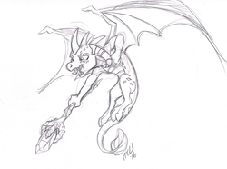 Size: 1260x937 | Tagged: safe, artist:carnivorouscaribou, character:princess ember, species:dragon, episode:gauntlet of fire, g4, my little pony: friendship is magic, bloodstone scepter, dragon lord ember, female, monochrome, sketch, solo, staff, traditional art