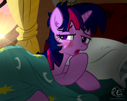 Size: 2000x1600 | Tagged: safe, artist:ponyecho, part of a set, character:twilight sparkle, species:pony, species:unicorn, bed, bed hair, bed mane, blushing, cute, female, mare, morning ponies, open mouth, ponyecho is trying to murder us, show accurate, sleepy, solo, sun, sunrise, window, yawn