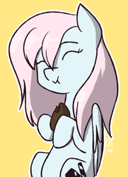 Size: 1129x1559 | Tagged: safe, artist:estrill, oc, oc only, oc:nooby, species:pegasus, species:pony, cute, easter, easter egg, eating, eyes closed, simple background, solo, yellow background