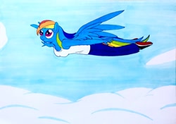 Size: 2343x1654 | Tagged: safe, artist:killerteddybear94, character:rainbow dash, species:anthro, species:plantigrade anthro, clothing, cloud, female, flying, solo, spread wings, tank top, traditional art, wings