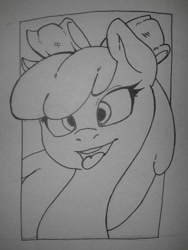 Size: 540x720 | Tagged: safe, artist:atane27, character:apple bloom, inktober, bust, female, monochrome, portrait, solo, tongue out